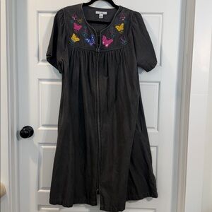 Go Softly Patio Dress black Denim Muu Muu w/Embroidered Butterflies large